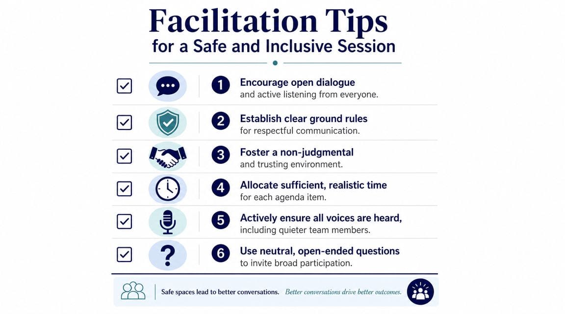 A checklist infographic titled Facilitation Tips for a Safe and Inclusive Session with six points for better meetings.