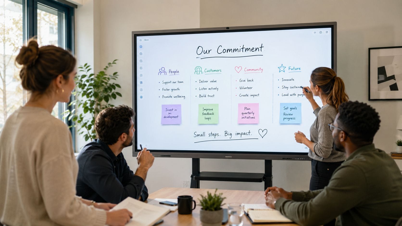 A professional team collaborating on a digital whiteboard in a modern office during a brainstorming meeting.