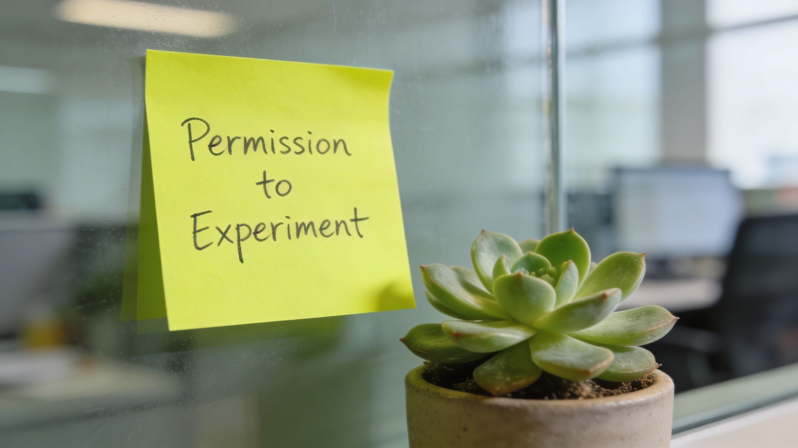 A yellow sticky note attached to a glass office wall with the text Permission to Experiment handwritten.