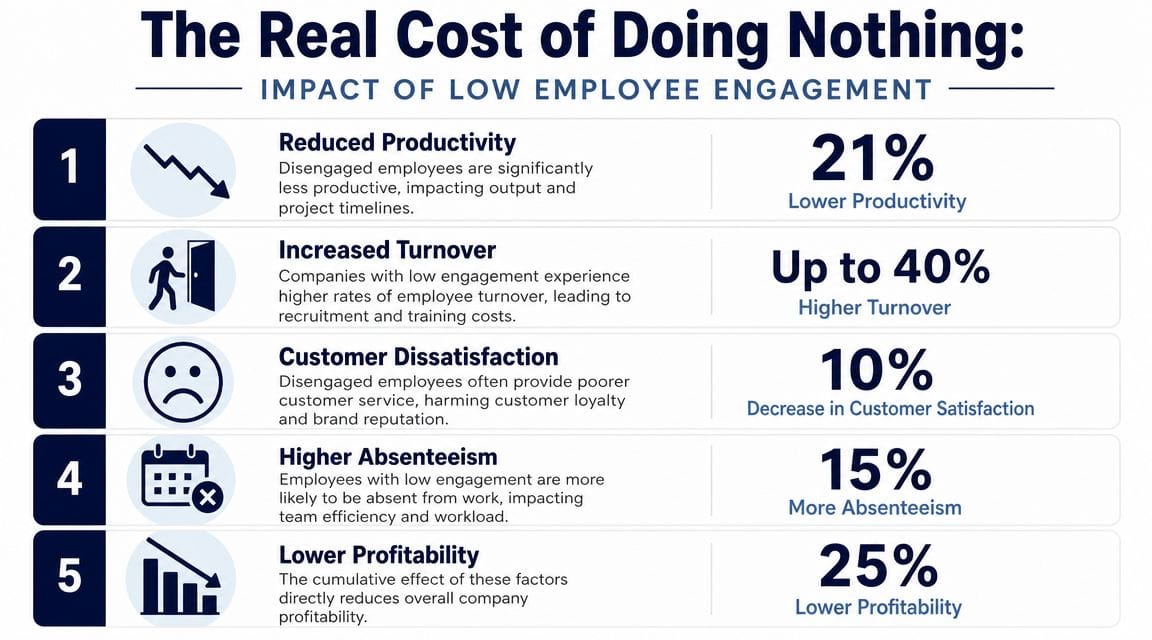 An infographic showing the five negative impacts of low employee engagement on company performance and profitability.