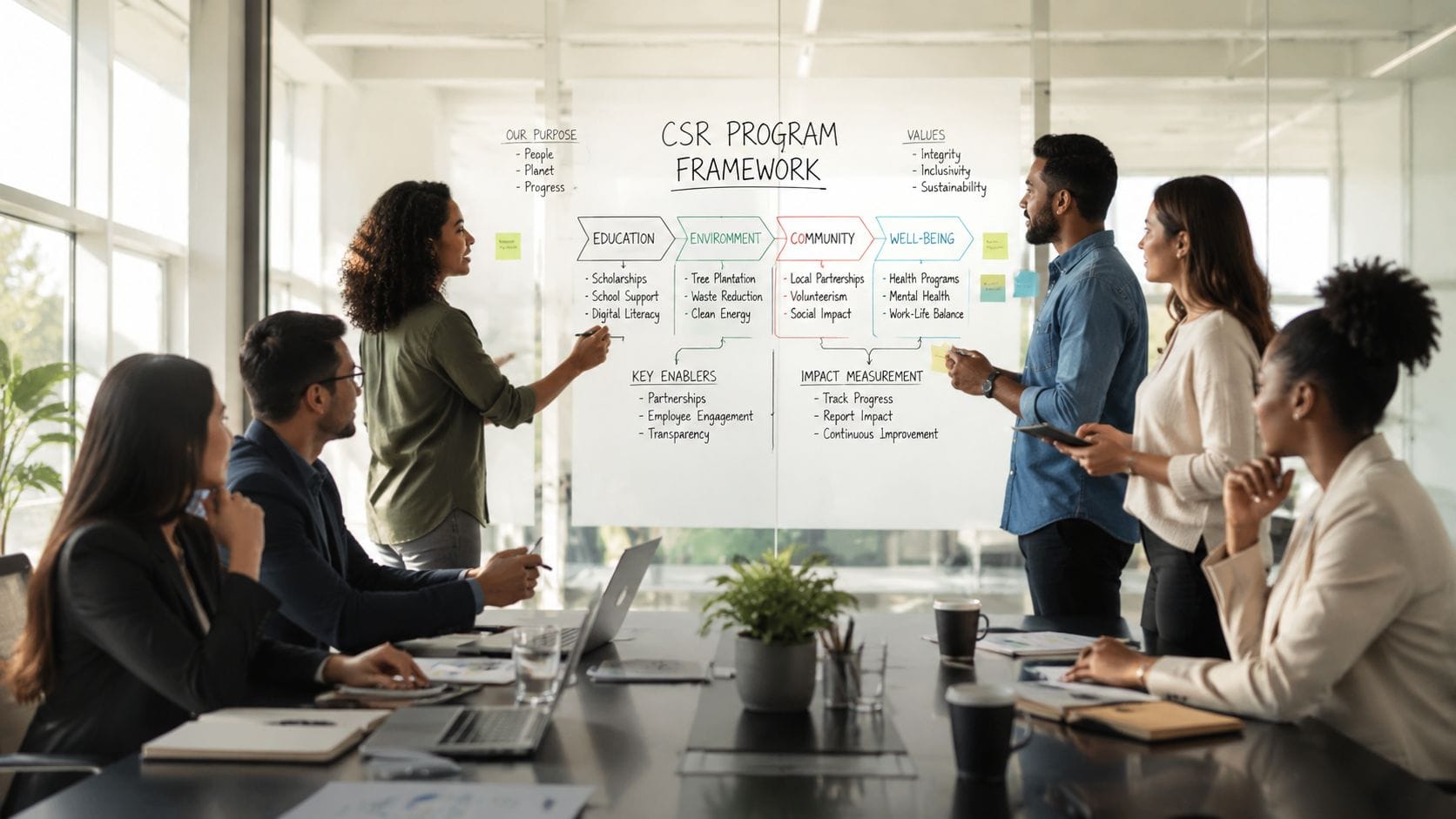 A diverse group of business professionals brainstorming a CSR program framework on a glass whiteboard in an office.
